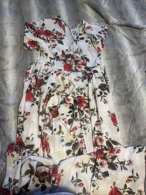 White Floral V-Neck Maxi Dress with Red Roses
